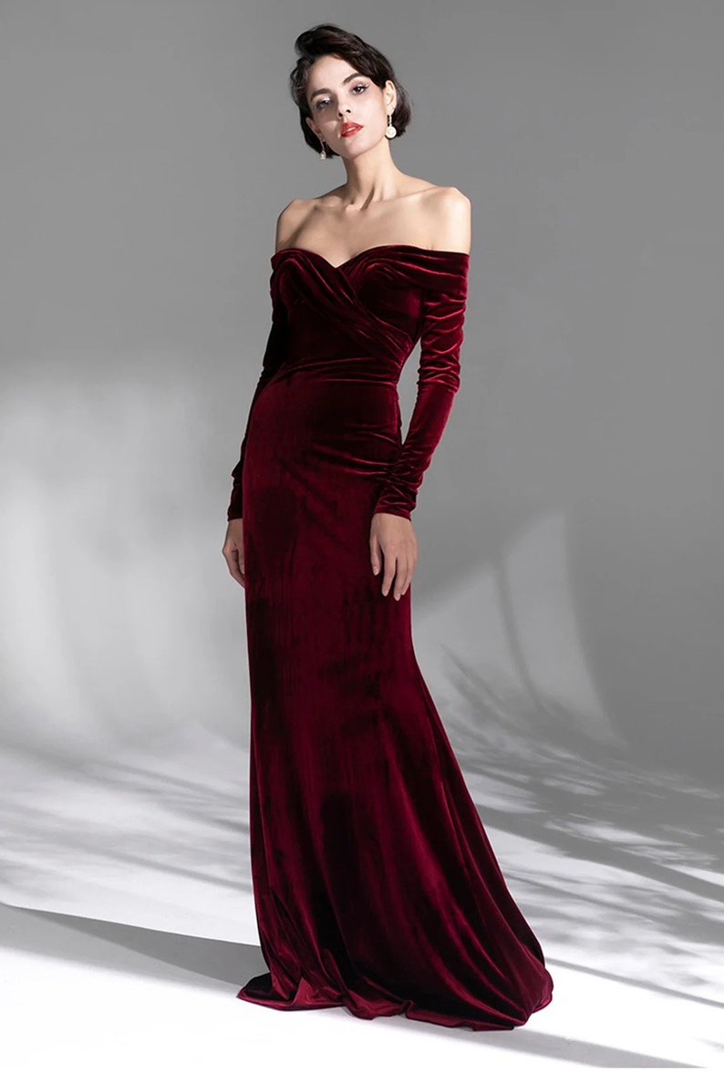 Sexy Off the Shoulder long sleeves ruched bodice Mermaid Velvet dress Modern long Wine color Velvet Party Banquet Wedding Dress image 4