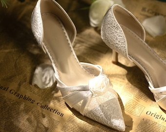 Rosa 3D Floral lace White Cream Color Wedding Bridal Shoes 2.5" heel Gift for Bride to Be Wedding Gift Honeymoon Gift