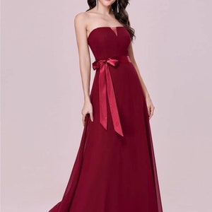 Illusion strapless chiffon long bridesmaid dress with Detachable Ribbons, Custom chiffon maxi prom dress, Multiple colors, Zip / Corset image 5