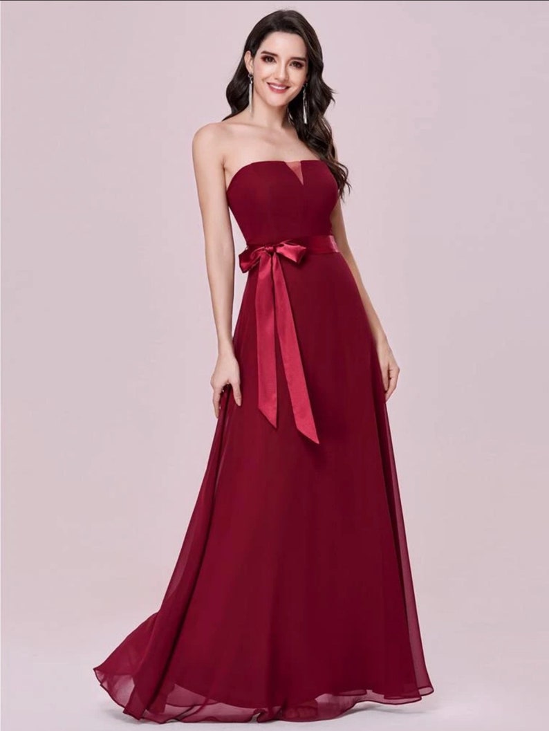 Illusion strapless chiffon long bridesmaid dress with Detachable Ribbons, Custom chiffon maxi prom dress, Multiple colors, Zip / Corset image 5