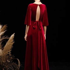 Velvet Deep V Dress Ruffled sleeves Key Hole Back Bridesmaids Long Ginger Red Color Floor-Length Velvet Dress Wedding Banquet Gifts image 6