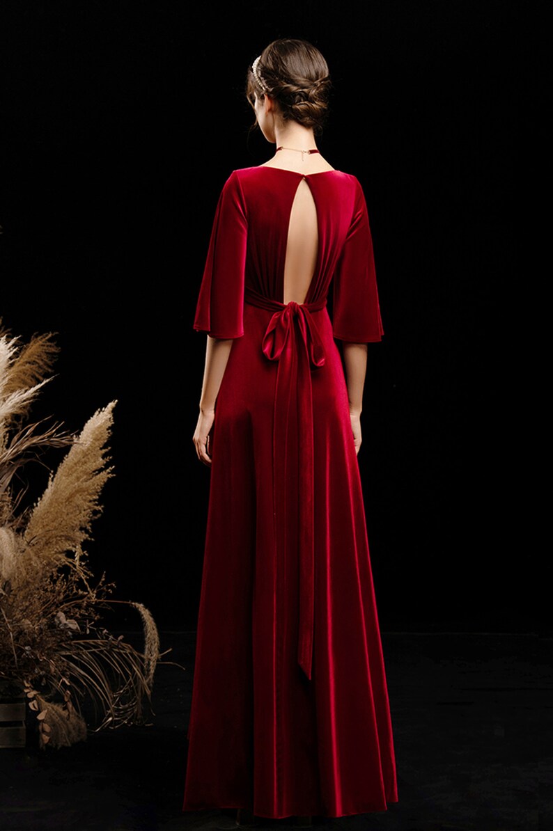 Velvet Deep V Dress Ruffled sleeves Key Hole Back Bridesmaids Long Ginger Red Color Floor-Length Velvet Dress Wedding Banquet Gifts image 6