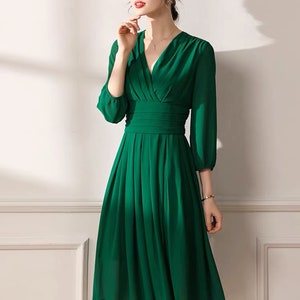 Long Sleeves Lala Land Style ruched bodice short chiffon prom dress, Emerald Green Cocktail length chiffon prom dress multiple colors image 2