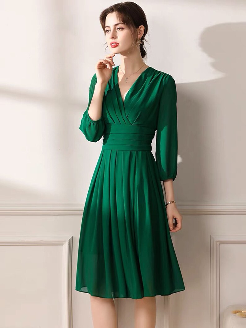 Long Sleeves Lala Land Style ruched bodice short chiffon prom dress, Emerald Green Cocktail length chiffon prom dress multiple colors image 2