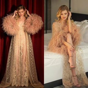 Rose gold Illusion Long Sleeve Ostrich Feather sequin mesh long robe with night dress bridal shower wedding maternity Gift show photography