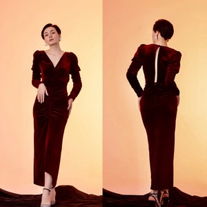 Puffed Long sleeves V-neck ruched bodice front slit Velvet Dress• Designer Modern Wine Red Tea length Velvet Dress Gifts Party Banquet