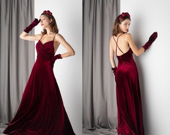 Elegant Spaghetti-straps ruched crisscross back Hepburn Style long Velvet Dress• Bridesmaids Velvet Prom Dress wine red burgundy