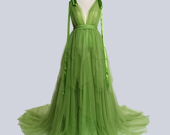 V-beck long ribbon tulle layered fringe hem long robe dress green | multi-color custom bride bridesmaids pregnancy maternity robe Gift