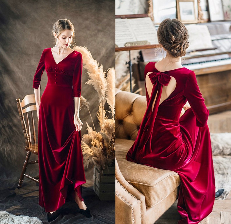 Elegant Long V-neck heart-shape bow-tied back A-line Velvet Dress Designer Modern burgundy Velvet Dress Ball Banquet Wedding Party image 1