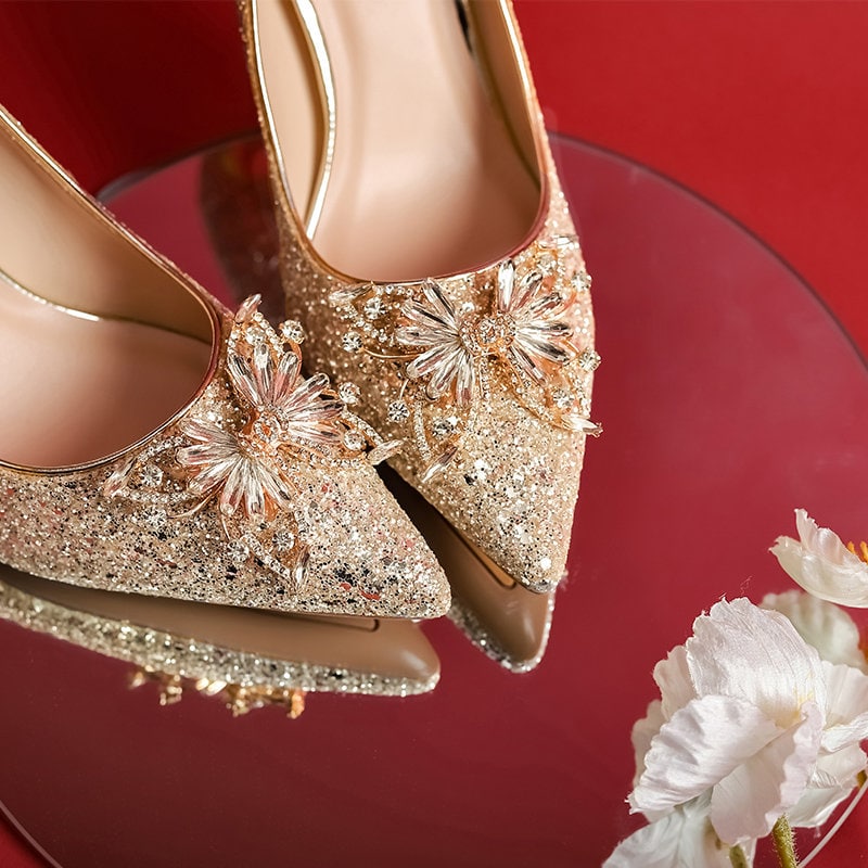 Rose Gold Rhinestones Open Toe Chunky High Heels – Shoes Post
