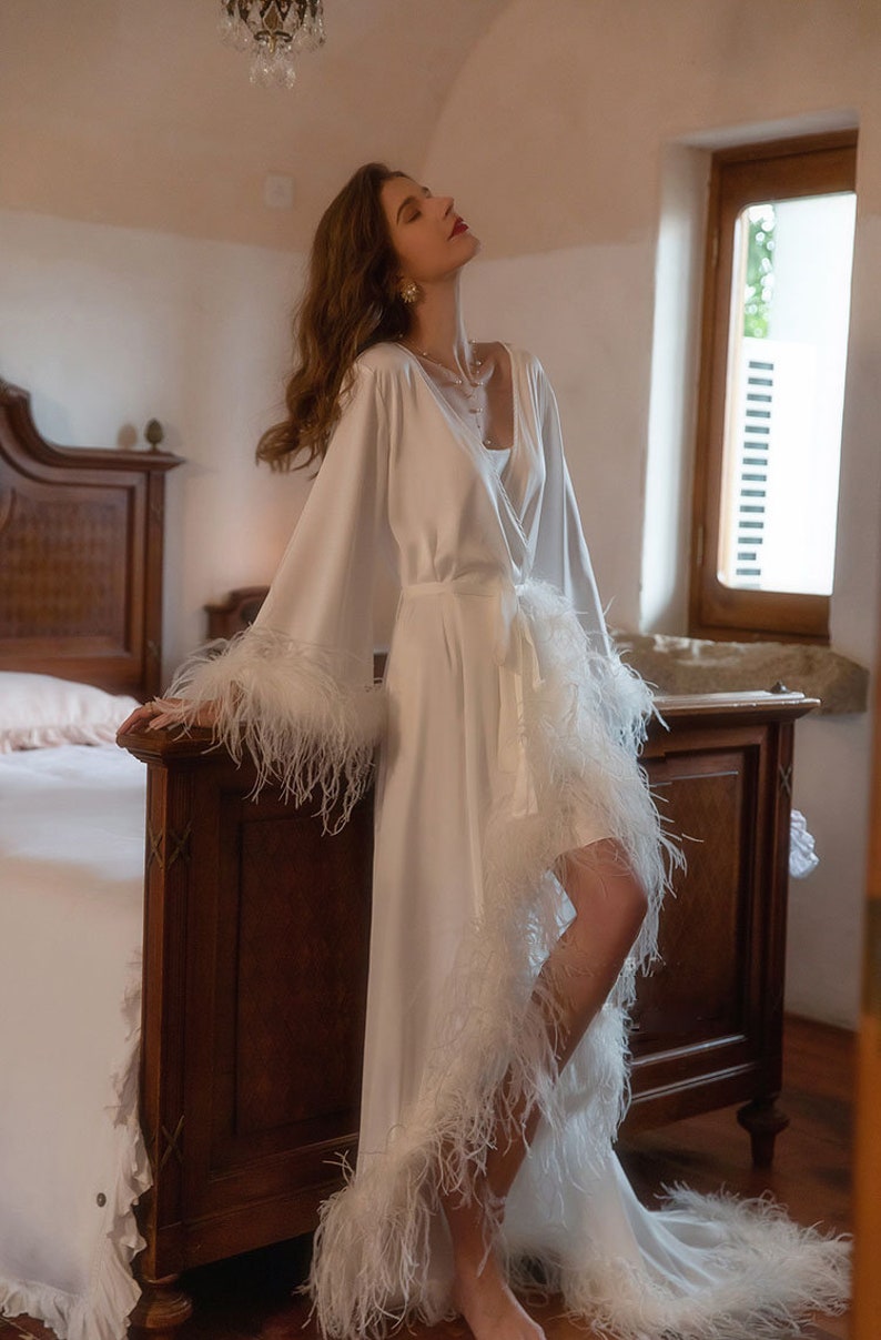 Bride ostrich feather silky satin long robe dress white ivory train multi-color custom bride bridesmaids pregnancy maternity robe Gift image 9