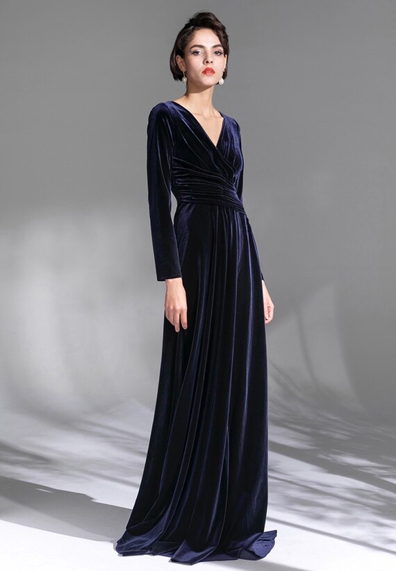Navy long sleeve velvet dress cheap
