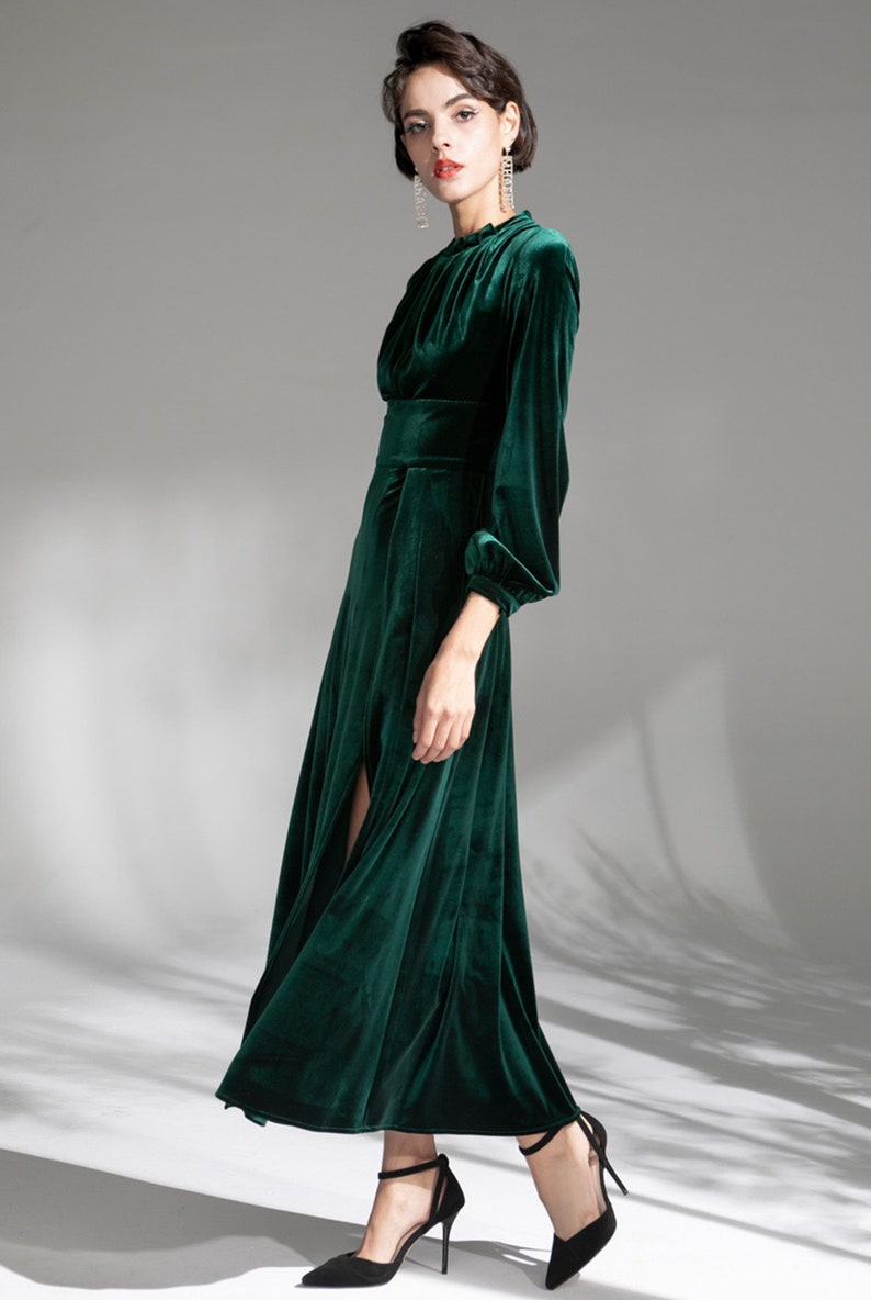 Vintage Long sleeves Boat Neck ruched boidce tight waist design Velvet Dress thigh slit Designer Modern emerald green Velvet Dress image 5