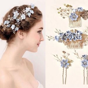 4 in 1 Set Floral Vintage Faux Pearl Hair Pin Vine Bridal Headpiece 3 colors, Blue Gold Dusty Pink