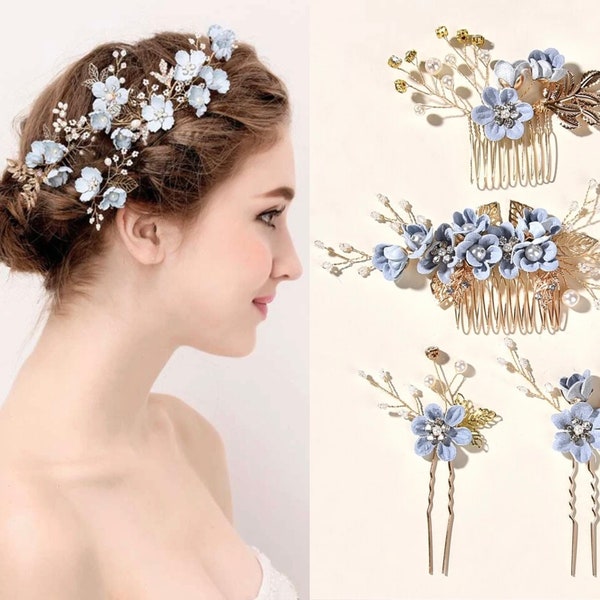 4 in 1 Set Floral Vintage Faux Pearl Hair Pin Vine Bridal Headpiece 3 colors, Blue Gold Dusty Pink