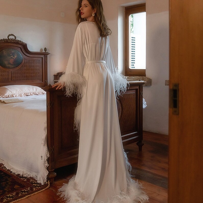 Bride ostrich feather silky satin long robe dress white ivory train multi-color custom bride bridesmaids pregnancy maternity robe Gift image 2