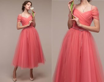 Off-the-shoulder pleated Sleeves with straps tulle A-line Spaghetti-straps tea length prom dress wedding dress party banquet