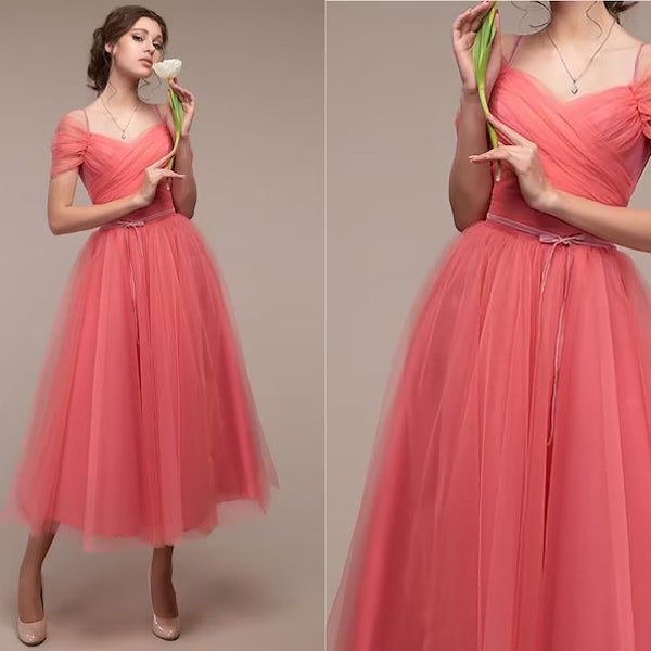 Off-the-shoulder pleated Sleeves with straps tulle A-line Spaghetti-straps tea length prom dress wedding dress party banquet