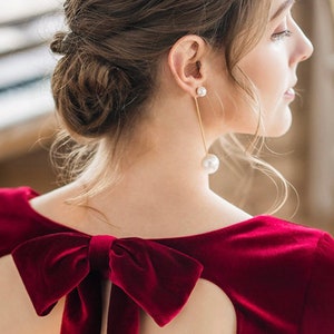 Elegant Long V-neck heart-shape bow-tied back A-line Velvet Dress Designer Modern burgundy Velvet Dress Ball Banquet Wedding Party image 7