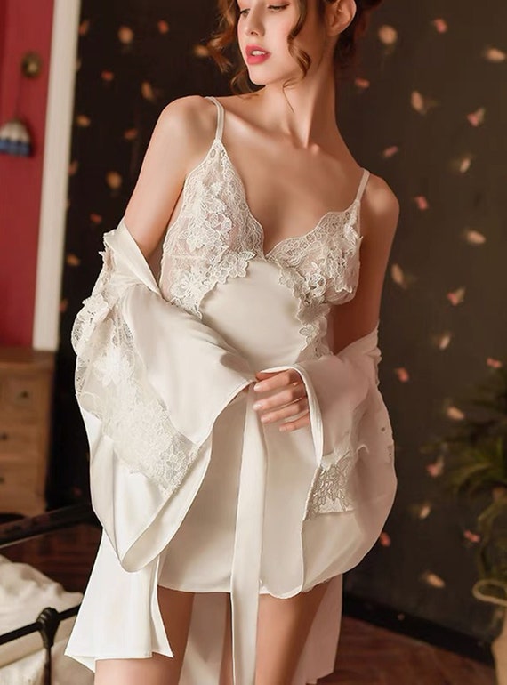 Buy Lace Silk Lingerie Set 3 Colors, Wedding Lingerie Night Dress and Robe, Bridal  Lingerie Victorian Style Night Gown Sleep Wear Gift Online in India 