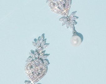 Rhinestone Pearl Eternal Love Design Crystal Long Earing Bridal Wedding Accessories Silver