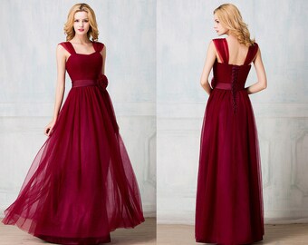 Handmade Sweetheart tulle-strap / cape shoulder long bridesmaid dress, burgundy / maroon color dress, Multiple colors, corset/zip