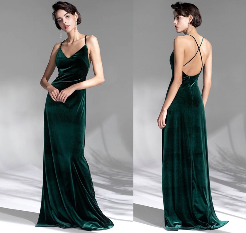 Sexy Spaghetti-straps Sweetheart neckline Crisscross back long Velvet Dress Bridesmaids Prom Dress Emerald Green Party Banquet Wedding image 1