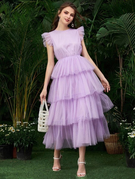 Ruffle Layered Dot Mesh Hem A-line Tutu Scoop Neck Prom Dress Ruffle  Sleeveless French Style Tutu Long Dress 