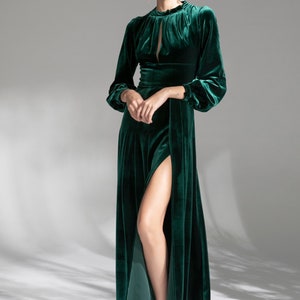 Vintage Long sleeves Boat Neck ruched boidce tight waist design Velvet Dress thigh slit Designer Modern emerald green Velvet Dress image 7