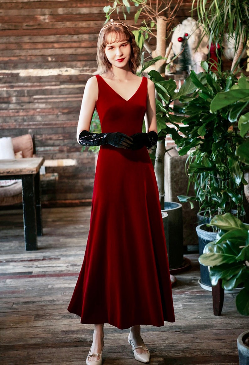 Elegant V-neck low back Hepburn Style long Velvet Dress Ankle-length Bridesmaids Velvet Dress Velvet Prom Dress wine red burgundy image 2