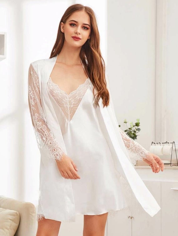 White Orchid Feather Satin Nighty – Love Intima