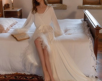 Bride ostrich feather silky satin long robe dress white ivory train | multi-color custom bride bridesmaids pregnancy maternity robe Gift