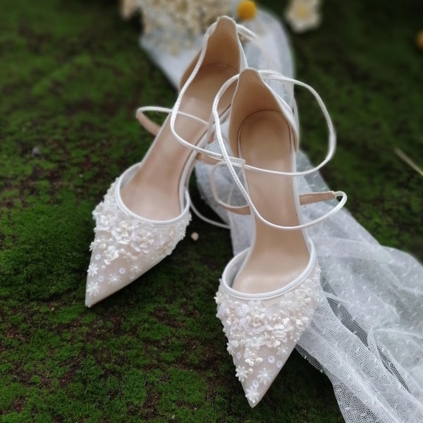 3d Florals Sequin faux pearl beaded Lace up Pointed Toe 3 inches Heels Fairy Style Bride Bridesmaids Shoes Wedding Shoes Bridal Gift