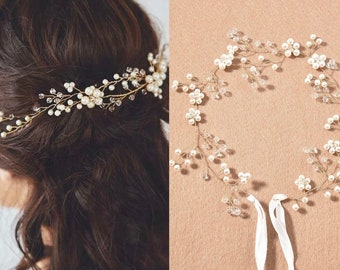 Floral Vintage Faux Pearl Headband Vine Bridal Headpiece 2 colors Hairband, Gold Silver Hair Accessory