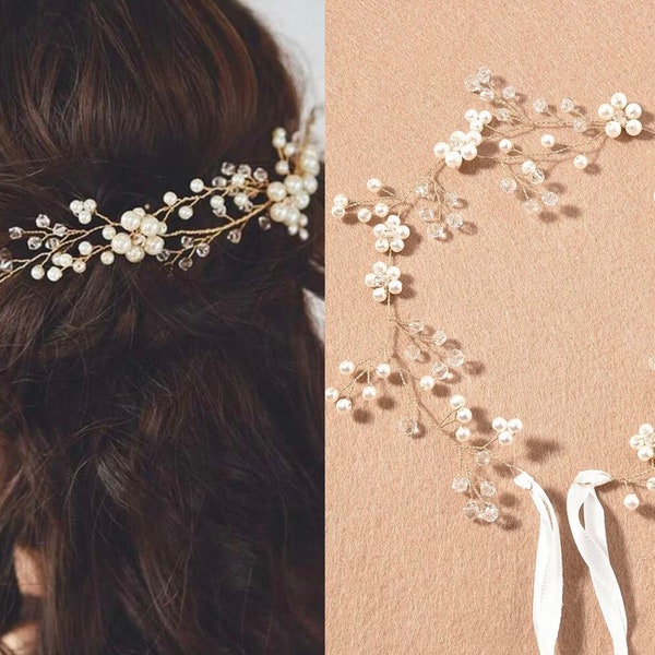 Floral Vintage Faux Pearl Headband Vine Bridal Headpiece 2 colors Hairband, Gold Silver Hair Accessory