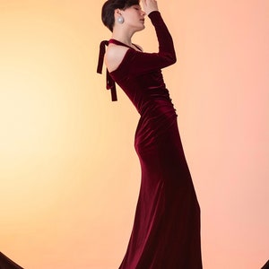 Designer off-the-shoulder Velvet Long Sleeves sheath Prom Dress front slit Bridesmaids haltered red Dress Party Banquet Wedding Gifts image 5