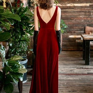 Elegant V-neck low back Hepburn Style long Velvet Dress Ankle-length Bridesmaids Velvet Dress Velvet Prom Dress wine red burgundy image 3