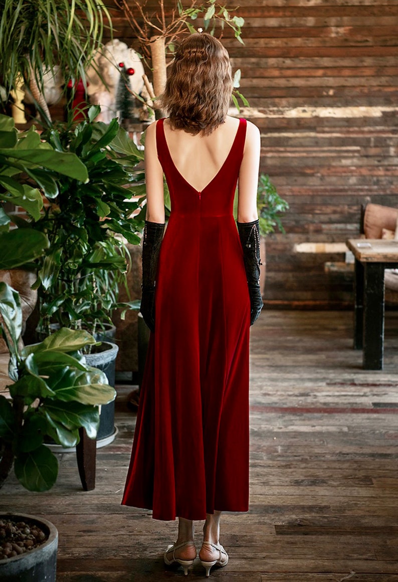 Elegant V-neck low back Hepburn Style long Velvet Dress Ankle-length Bridesmaids Velvet Dress Velvet Prom Dress wine red burgundy image 3