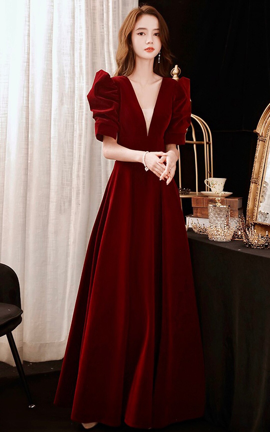 Puffed Short Sleeves Deep Vneck Aline Long Velvet Prom Dress Low Back