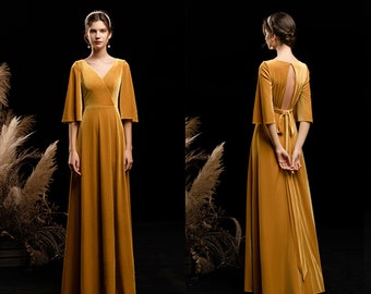 Velvet Deep V Dress Ruffled Sleeves Key 