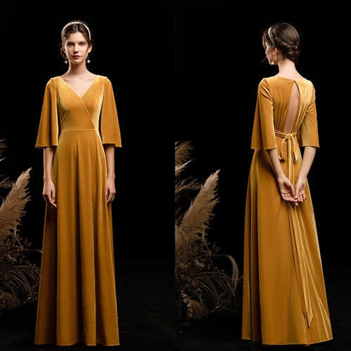 Velvet Deep V Dress Ruffled Sleeves Key 