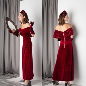 Elegant Off the Shoulder ruched Hepburn style Vintage Velvet dress • Modern long Wine color Velvet Party Banquet Wedding Gifts Dress