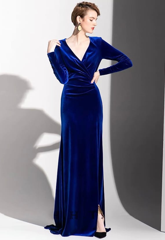 Sexy Long Sleeves V-neck Side Slit Wrap Velvet Dress Designer