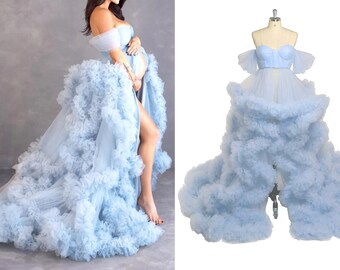 Soft tulle off the shoulder ruffled fringe hem long robe dress | multi-color brides bridesmaids pregnancy maternity robe Gift