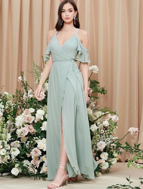 Ruffled Off-the-shoulder Sleeves Thigh Split Long Chiffon Bridesmaid Dress  Multiple Colors, Custom Maxi Wrap Prom Dress With Zip / Corset 