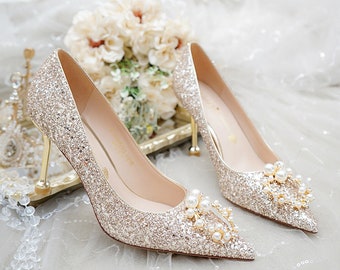 Gold Silver US2 (EU 33)-US 13(EU 43) size Crystal Shiny Pearl Jewelry Rose Silver Wedding Bridal Shoes 1.5/2.5/3/5 inches heel Heights