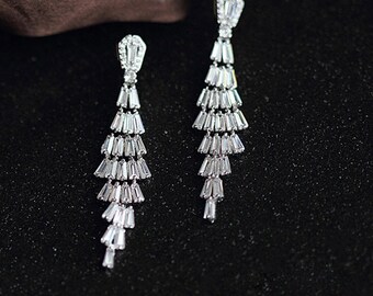 Pure Silver Rhinestone Geometric Tassel Design Long Earing Bridal Wedding Accessories