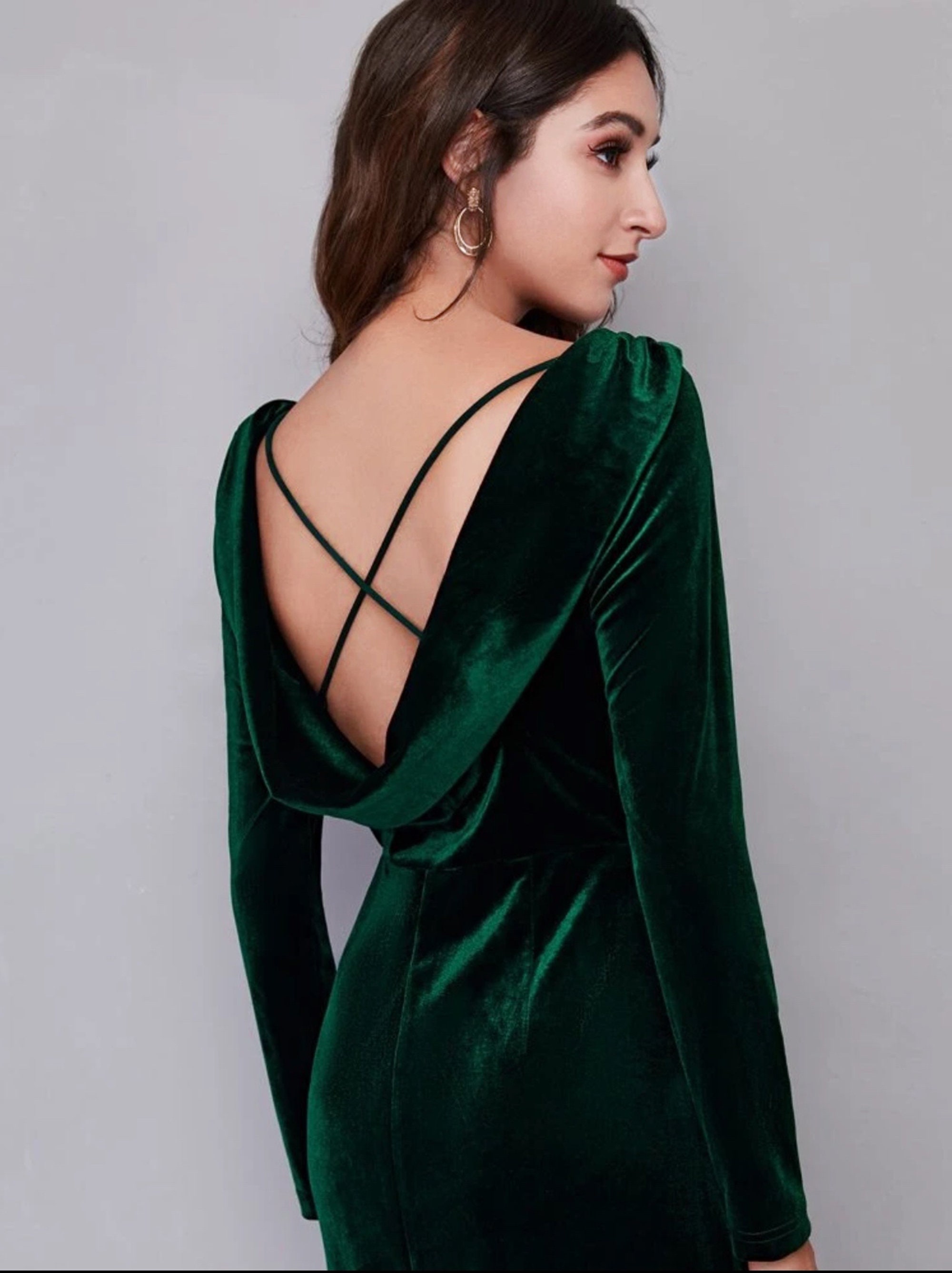 Long Sleeves Boat Neck Draped Crisscross Back Velvet Dress - Etsy