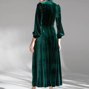 Vintage Long sleeves Boat Neck ruched boidce tight waist design Velvet Dress thigh slit Designer Modern emerald green Velvet Dress image 2