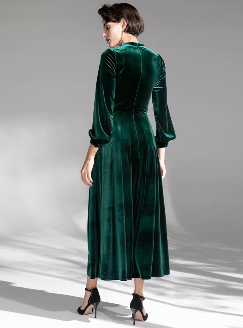 Vintage Long sleeves Boat Neck ruched boidce tight waist design Velvet Dress thigh slit Designer Modern emerald green Velvet Dress image 2